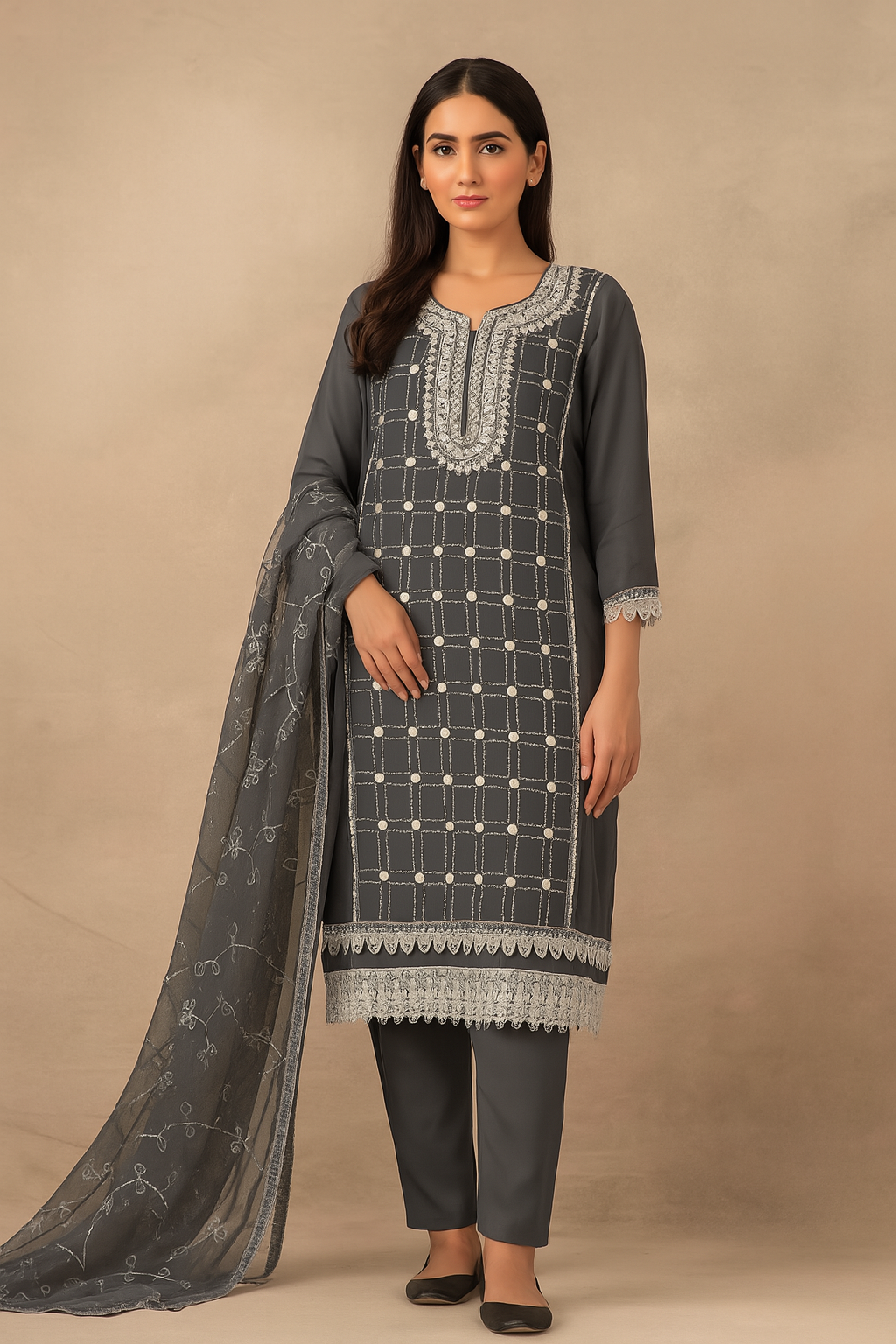 Grey Embroidered Pakistani Suit - 3 Piece Lawn Cotton Salwar Kameez with White Lace Work - Premium Ethnic Wear | Hamnaas Outlet